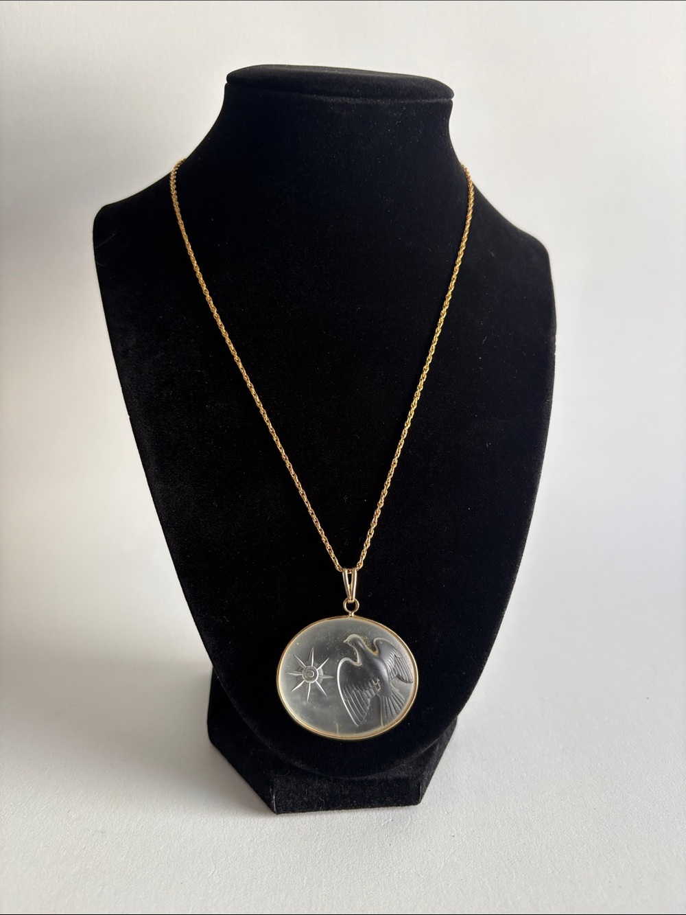 Nina Ricci Lalique Gold Bird Sun Pendant Necklace Frosted Glass Vintage 1980s